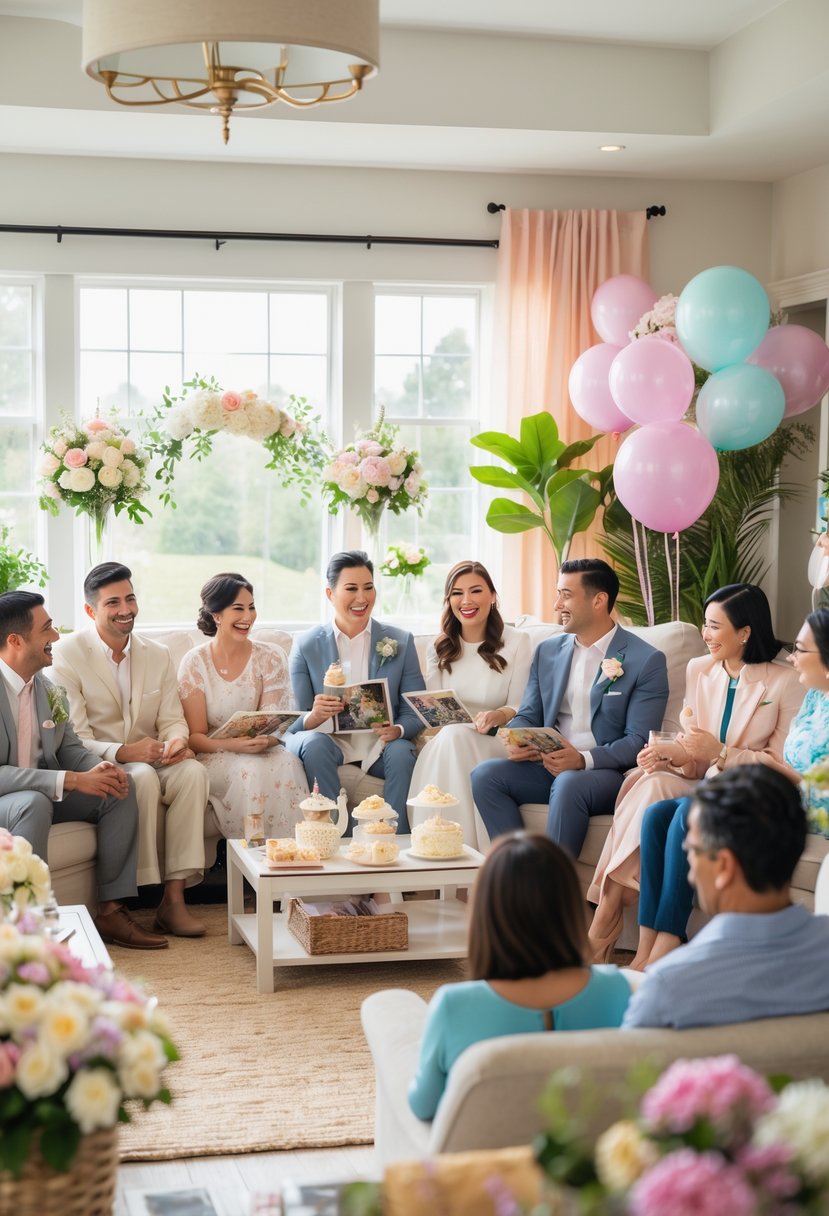 A group of couples and friends sharing stories and enjoying a wedding shower in a decorated living room with flowers and refreshments.