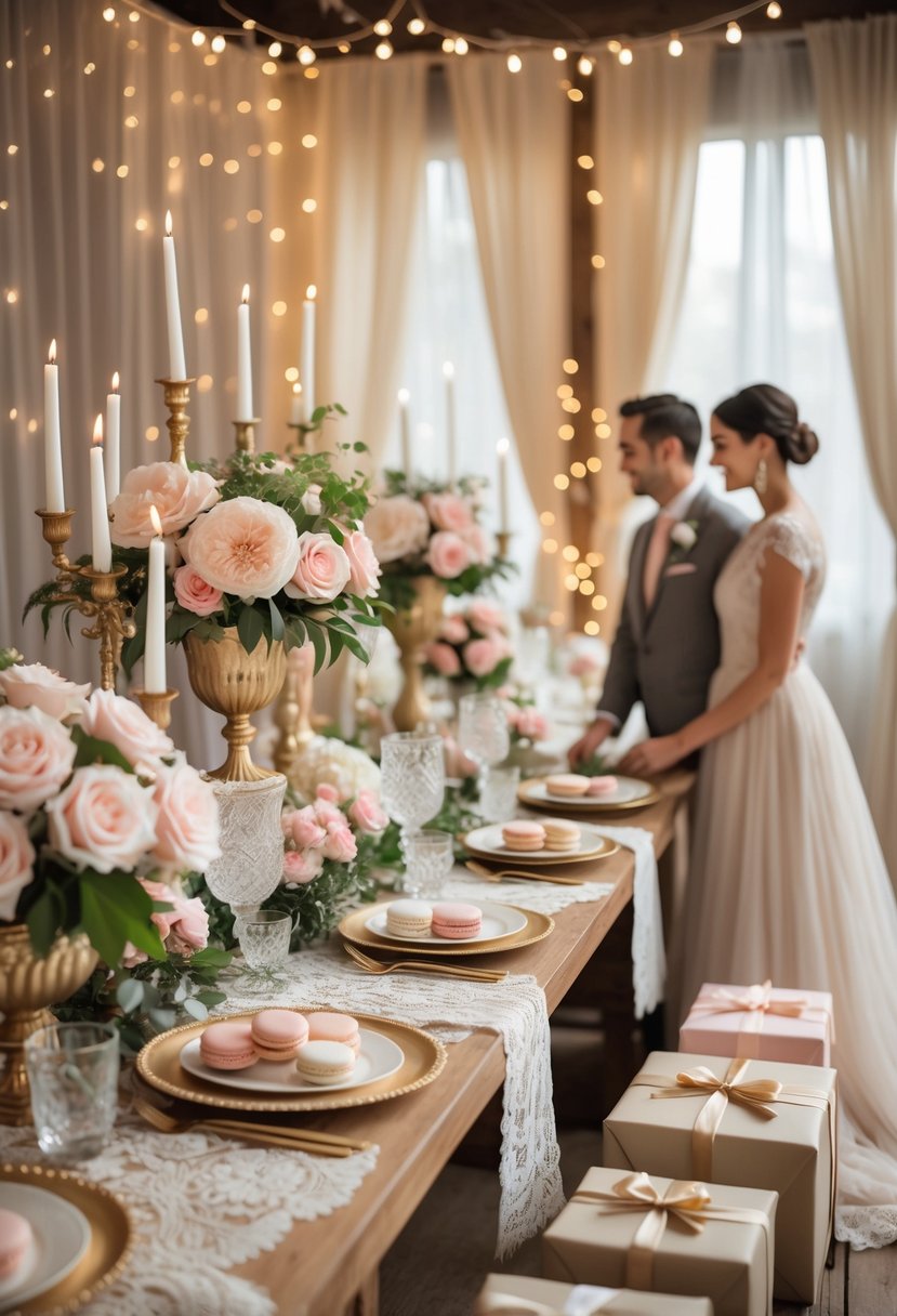 A couple holding hands near a decorated table with flowers, candles, and elegant tableware in a warmly lit room.