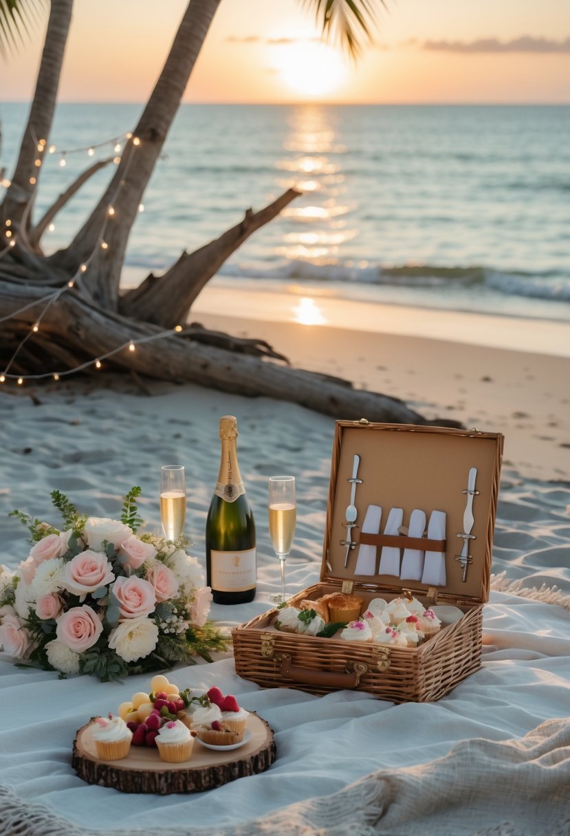 A romantic beach picnic at sunset with a blanket, flowers, string lights, picnic basket, and a small table with food near the ocean.