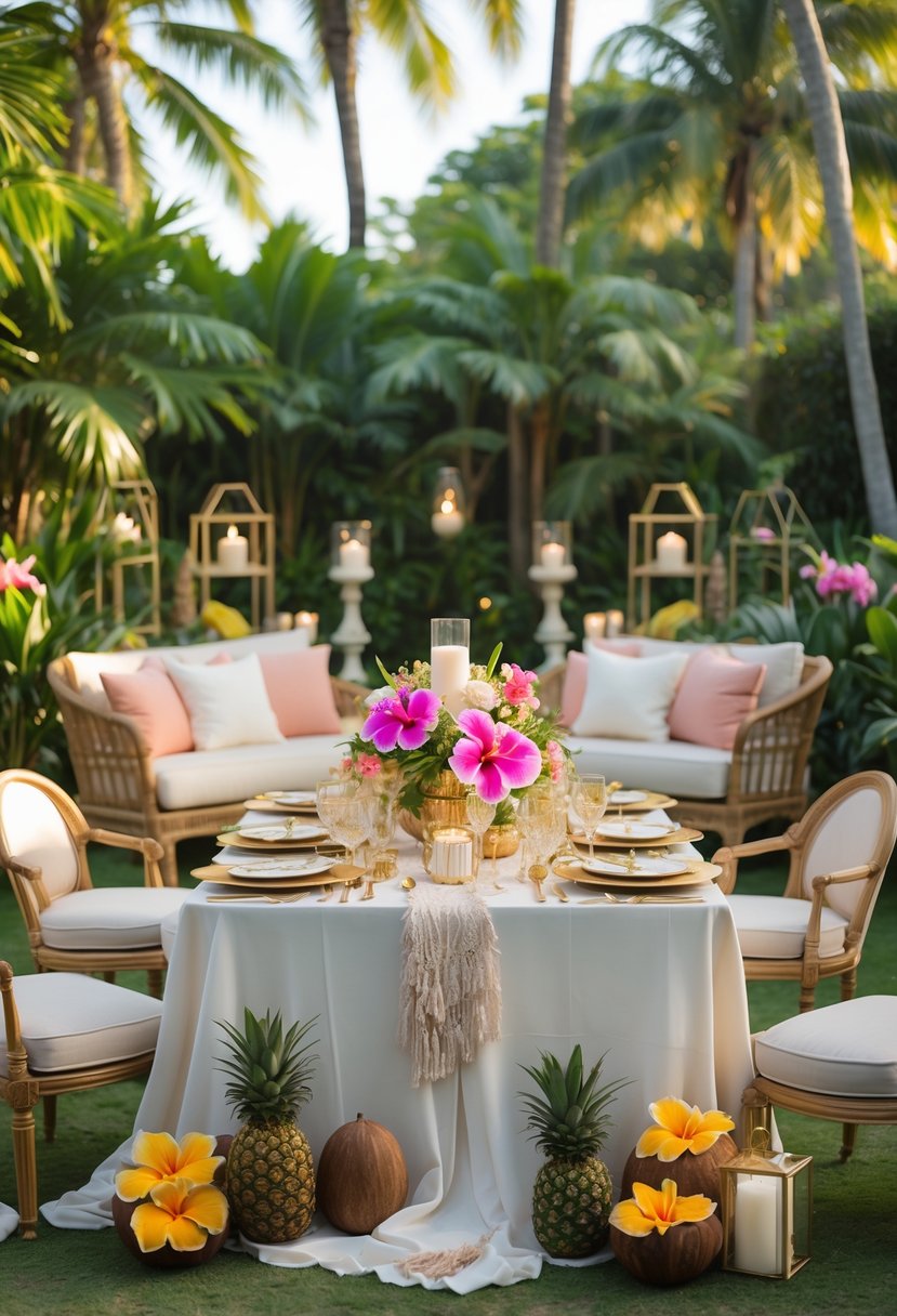 A decorated outdoor table with tropical flowers, palm leaves, candles, and elegant tableware set in a garden surrounded by palm trees and greenery.