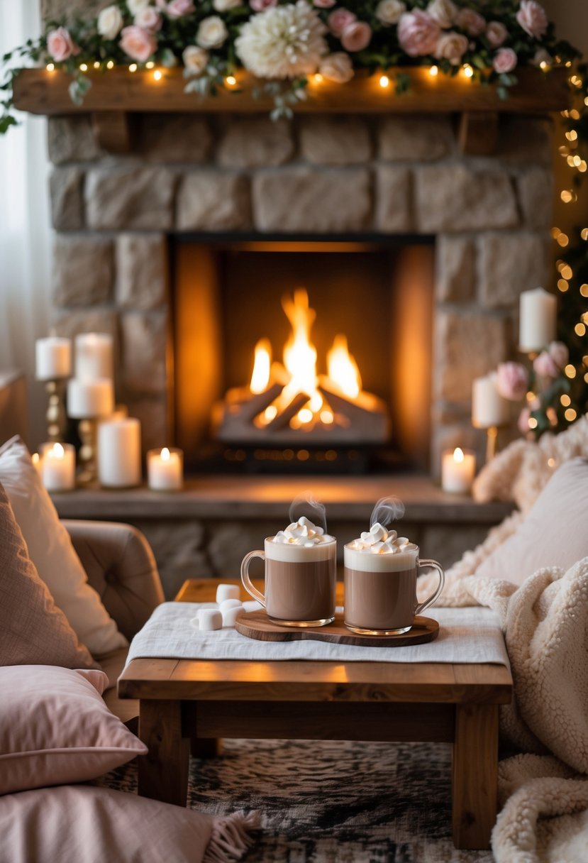 A couple sitting together by a lit fireplace, sharing mugs of hot cocoa in a softly decorated room with flowers and candles.