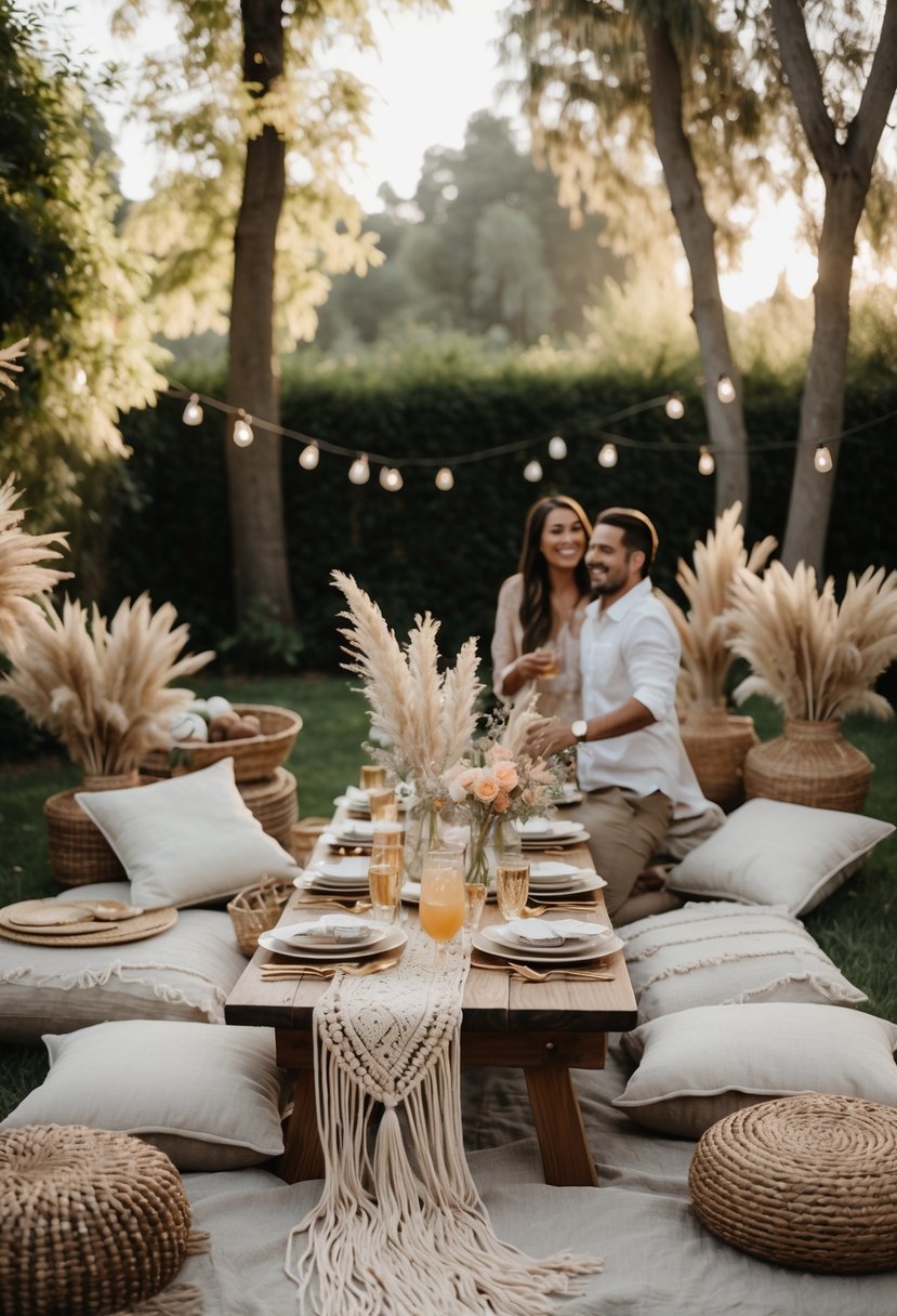 A couple enjoying an outdoor picnic with a low table set with plates, glasses, and decorative flowers in a garden surrounded by trees.