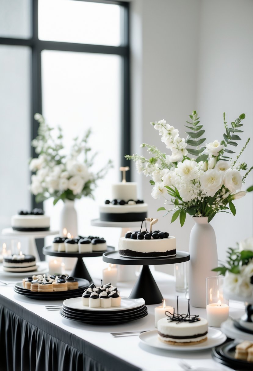 A dessert table with black and white desserts, white flowers, and candles arranged for a wedding shower celebration.