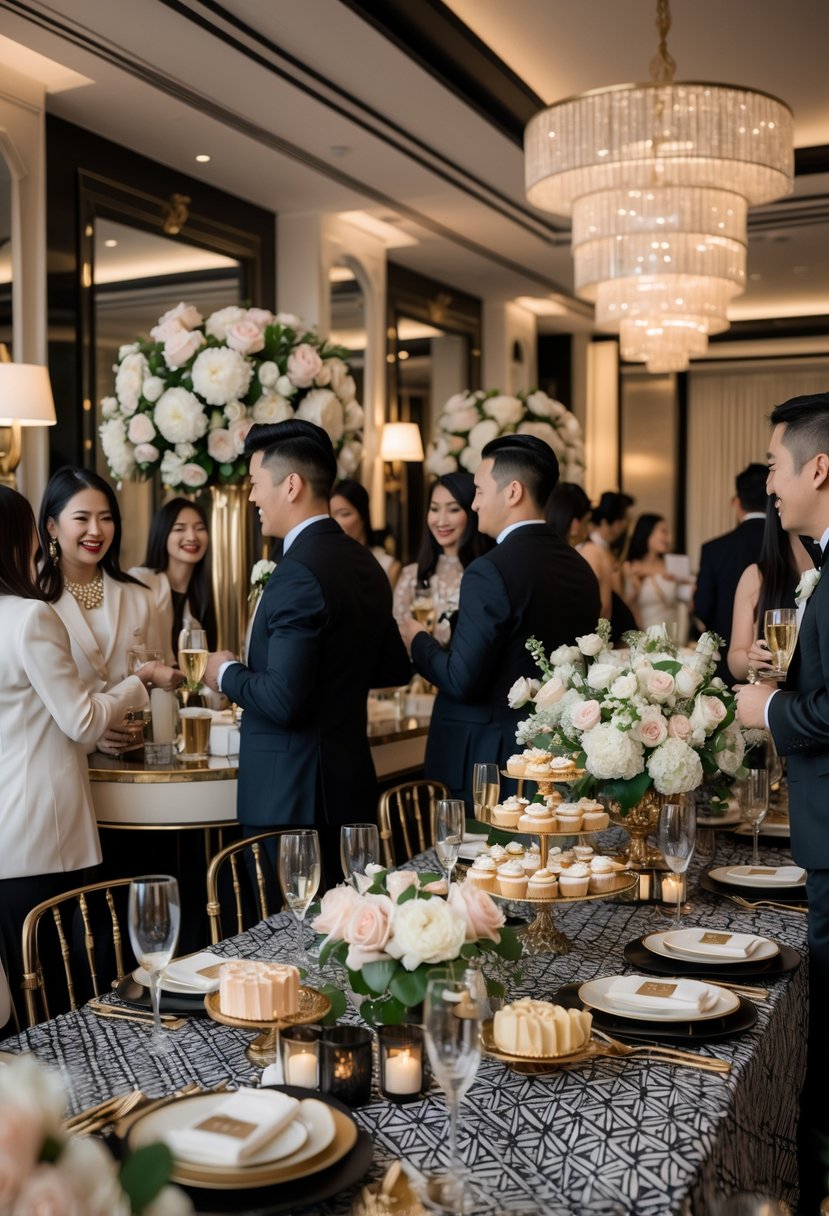 A group of well-dressed people socializing at a stylish indoor wedding shower with decorated tables and floral centerpieces.