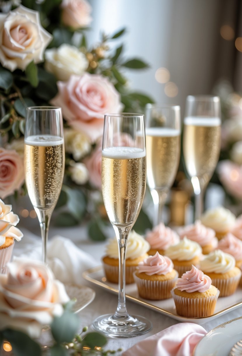 A romantic wedding shower table with champagne glasses and pastel cupcakes decorated with flowers and greenery.