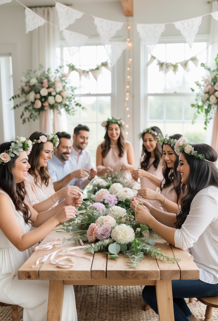 Couples making flower crowns together at a decorated table during a wedding shower.