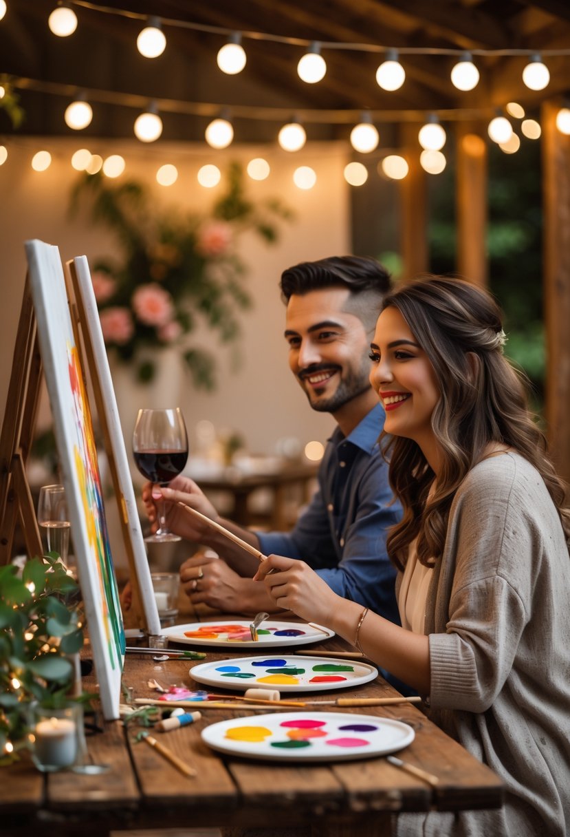 A couple sitting at a table painting on canvases with wine glasses nearby, smiling and enjoying a romantic evening together.