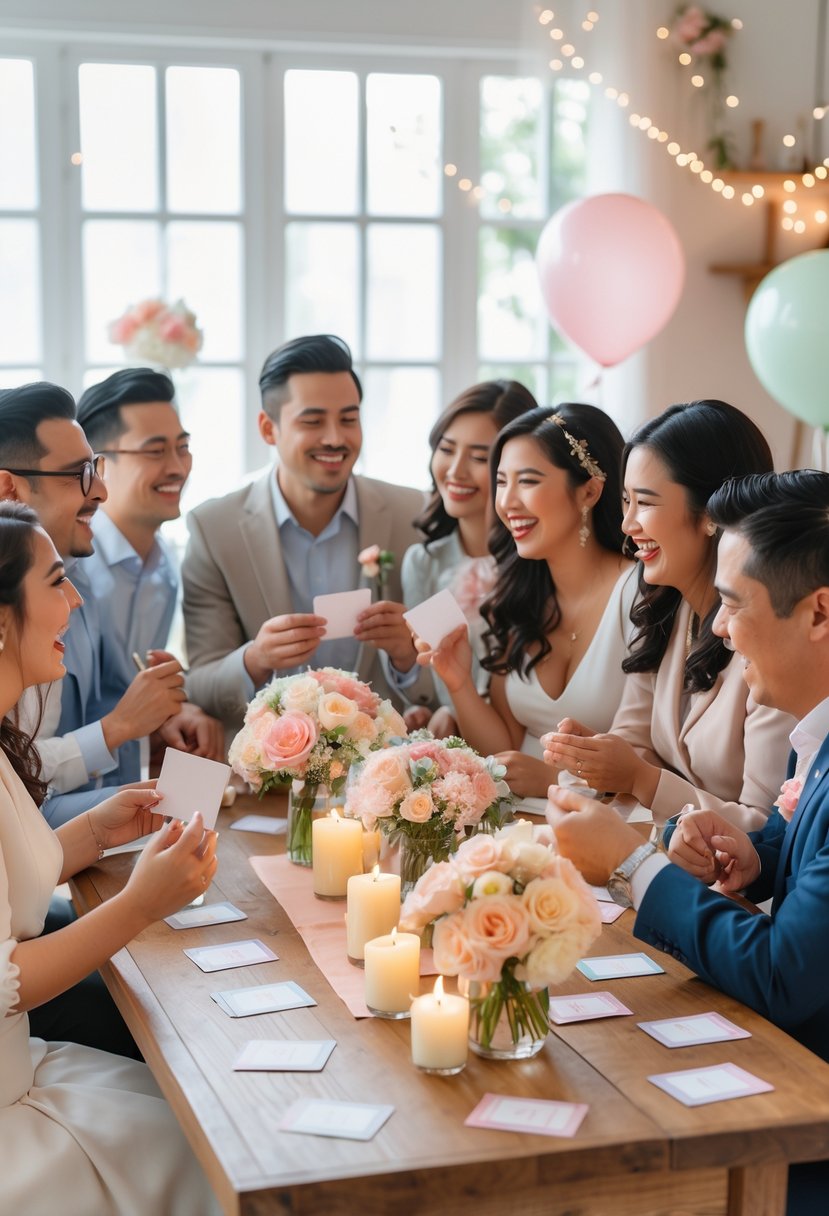 A group of couples sitting around a decorated table playing a guessing game and smiling during a wedding shower.