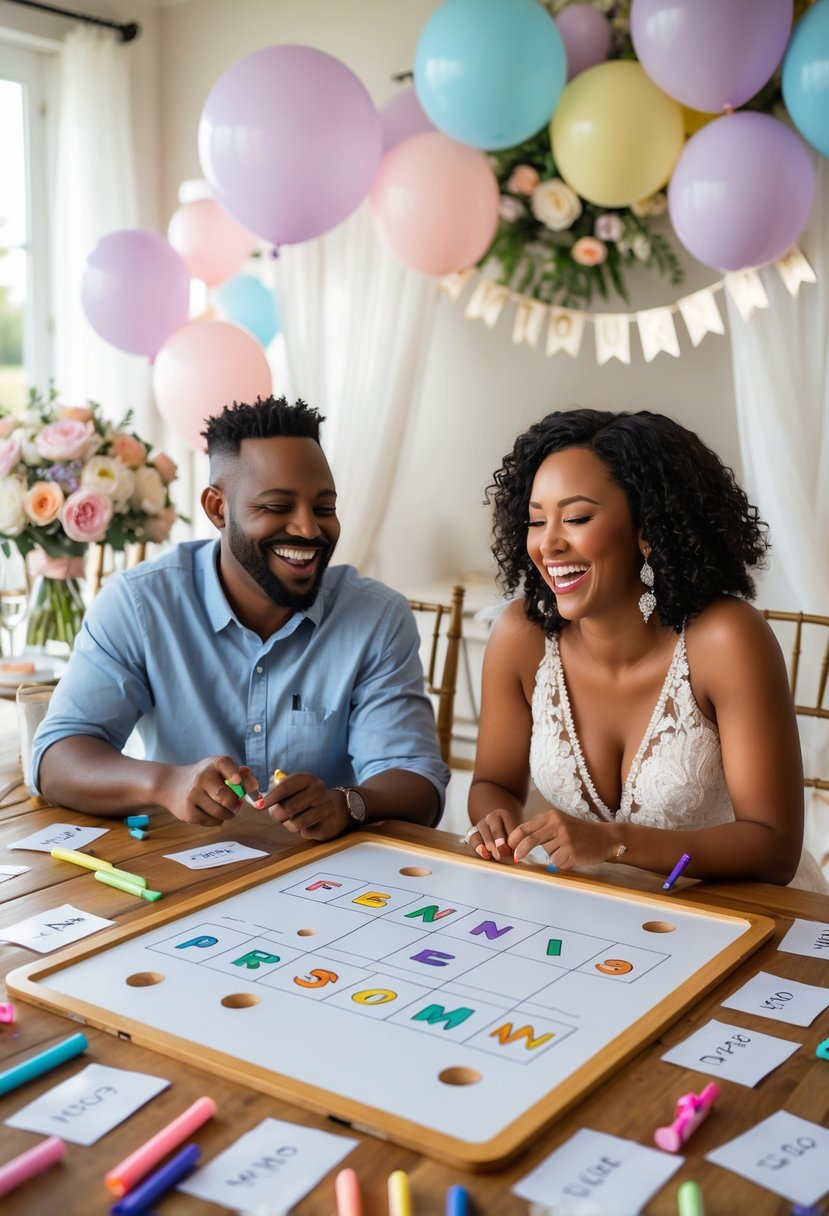 A couple playing a drawing game together at a decorated wedding shower table, smiling and having fun.