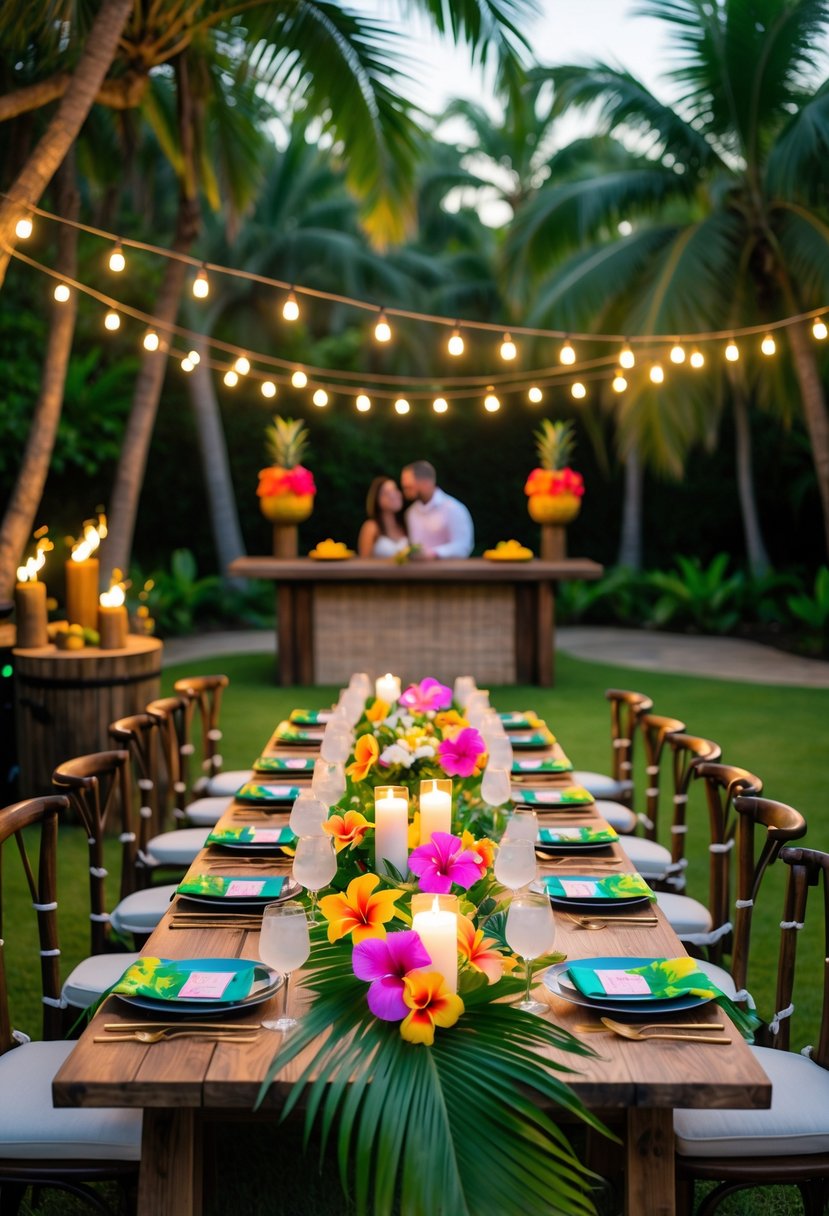 A couple holding hands near a decorated outdoor table with tropical flowers, candles, and tiki torches during a wedding shower celebration.