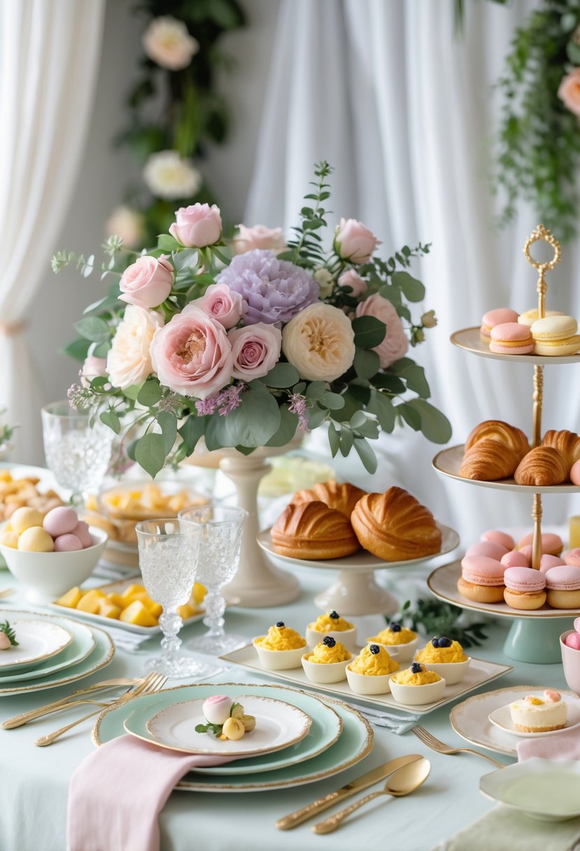 A brunch table set with pastel-colored decorations, floral centerpieces, and an assortment of breakfast foods for a wedding shower celebration.