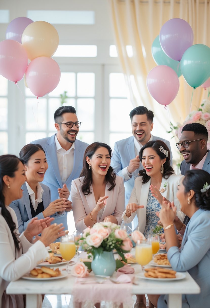 A group of people playing charades together at a wedding shower, smiling and having fun in a decorated room.