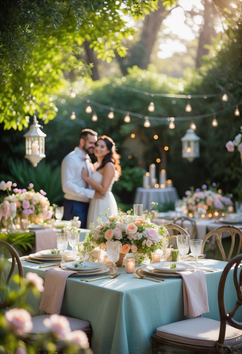 An outdoor garden brunch table decorated with flowers, fine dishes, and candles, with a couple enjoying a romantic moment nearby.