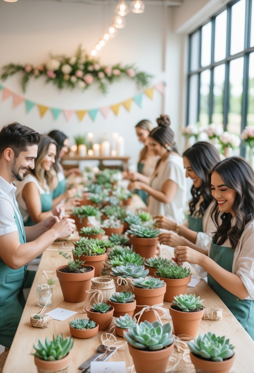 Couples crafting succulent plant favors together at a decorated wedding shower workshop table.