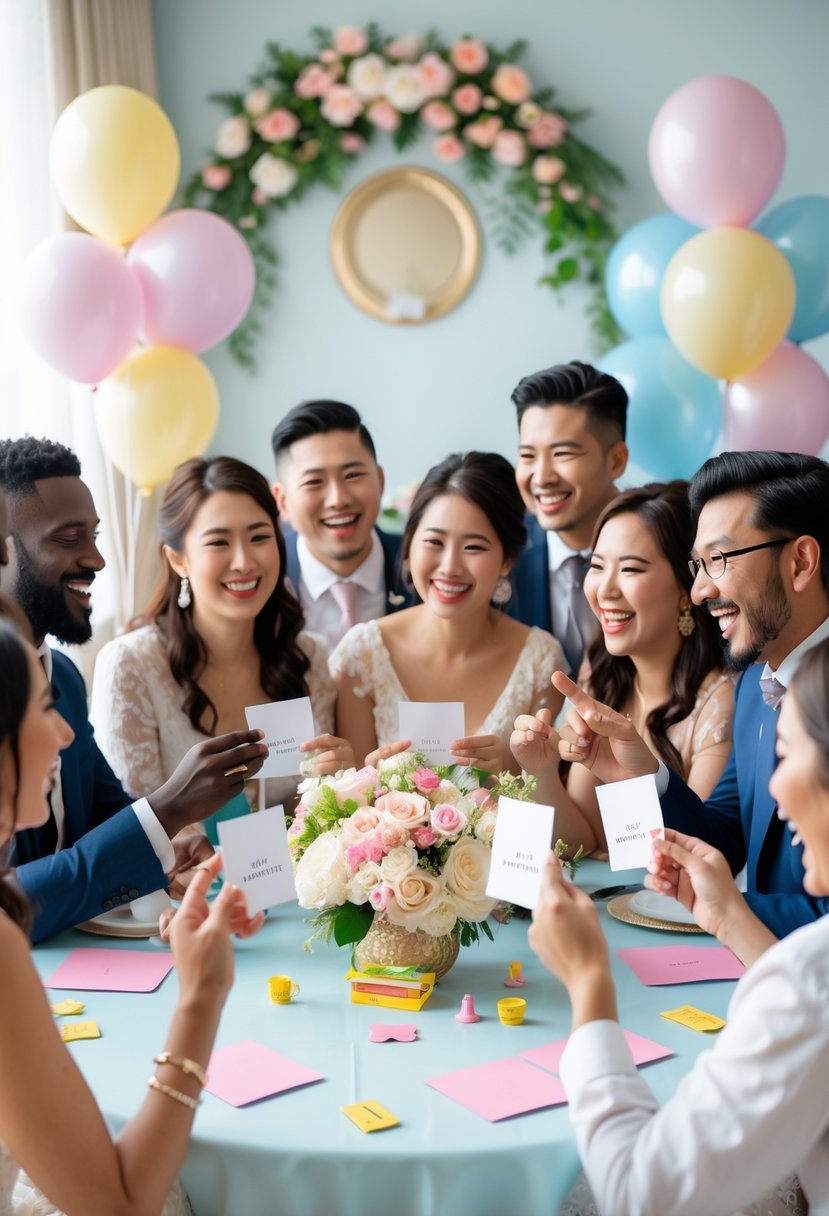A group of couples playing a fun guessing game at a decorated wedding shower, smiling and laughing together around a table.
