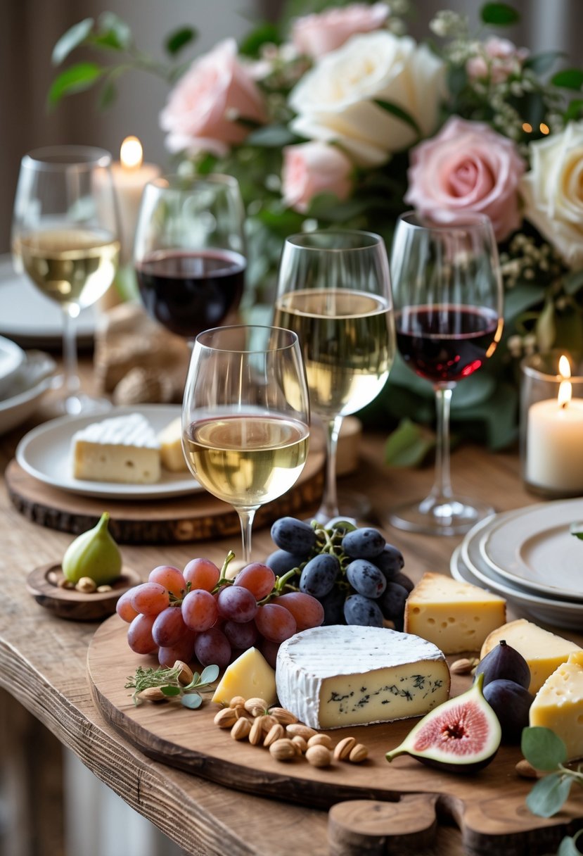 A table set with wine glasses, assorted cheeses, grapes, figs, and floral decorations for a romantic wedding shower.