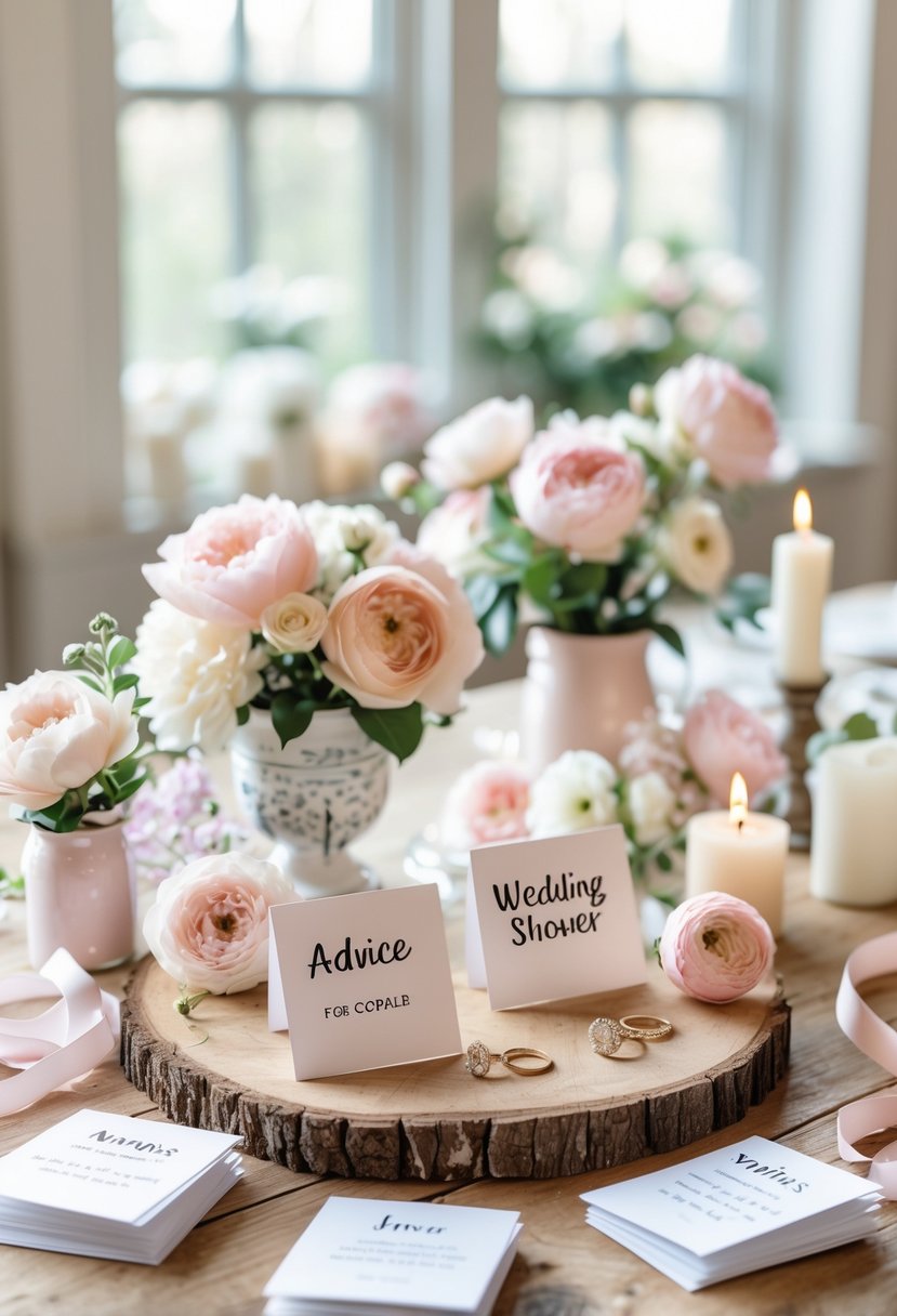 A table with advice cards for couples at a wedding shower, decorated with flowers and wedding-themed items.
