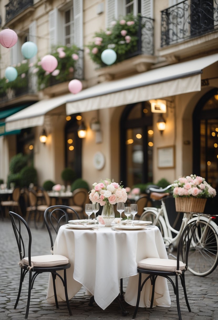 An outdoor table set for a romantic wedding shower with flowers, fine tableware, and chairs in front of Parisian buildings.
