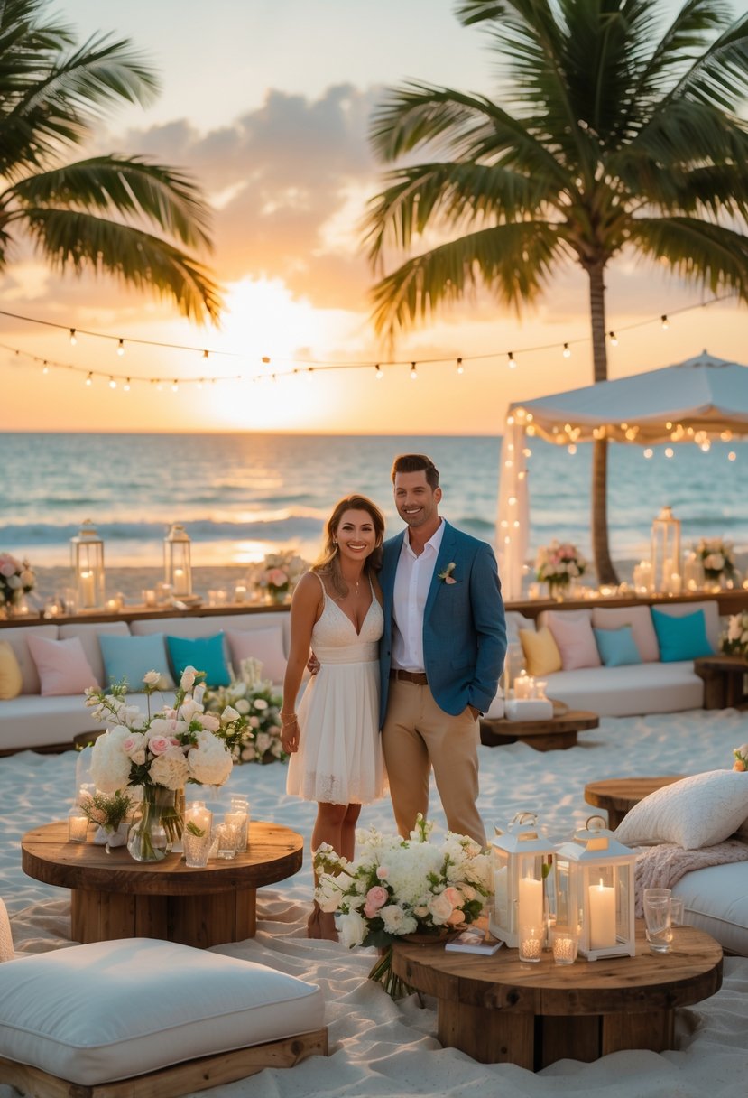 A couple celebrating a wedding shower on a beach at sunset with decorations, tables, and ocean waves in the background.