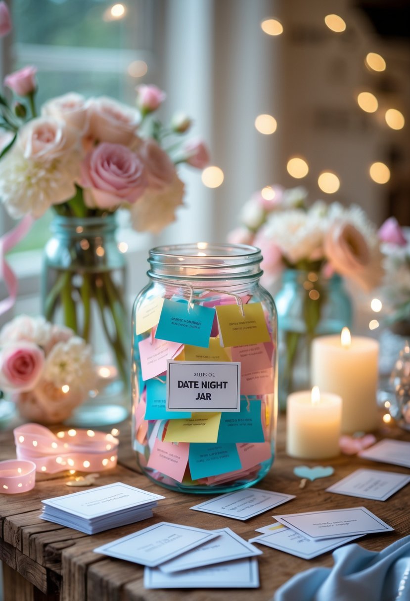 A glass jar filled with colorful paper slips on a wooden table surrounded by flowers, candles, and wedding shower decorations.