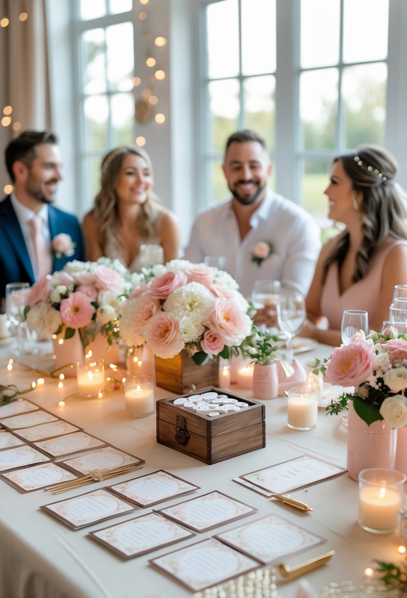 A couple and guests enjoying a romantic wedding shower with a love story trivia game on a decorated table.