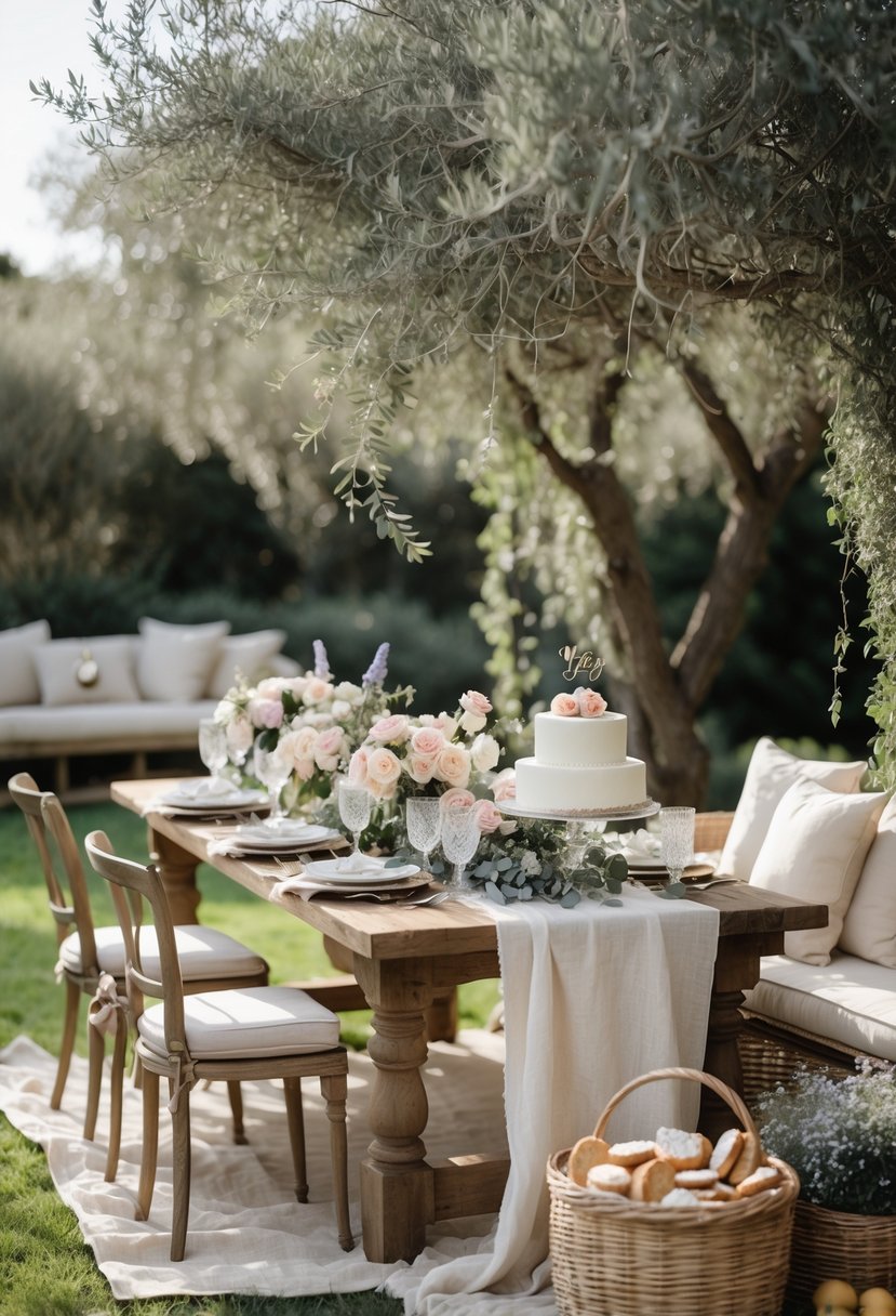 An outdoor wedding shower setup with a rustic wooden table decorated with pastel flowers, elegant tableware, and a dessert table with sweets in a garden surrounded by greenery.