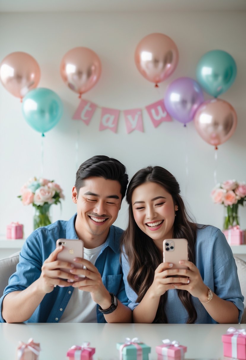 A young couple sitting together at a table, smiling and holding smartphones while playing a trivia quiz, surrounded by wedding shower decorations.