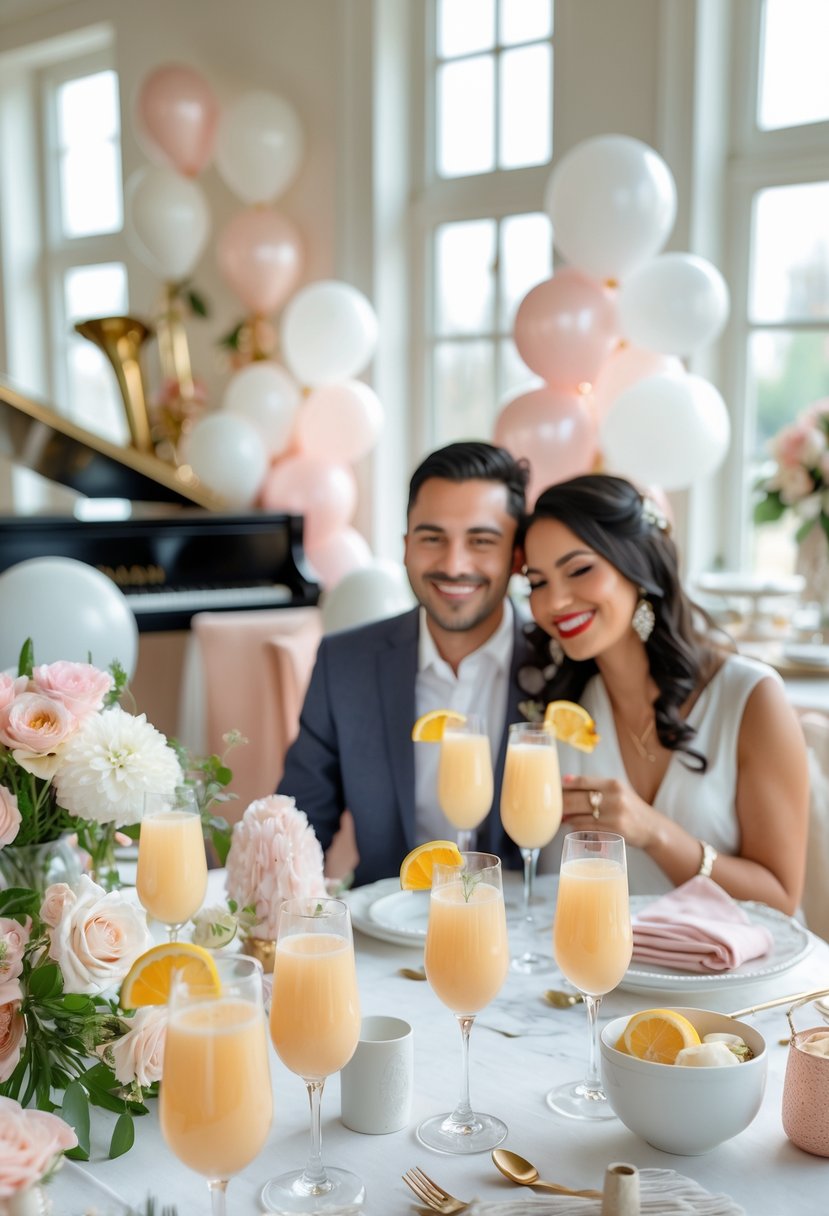 A couple enjoying a decorated brunch table with mimosas, flowers, and wedding shower decorations in a bright room.
