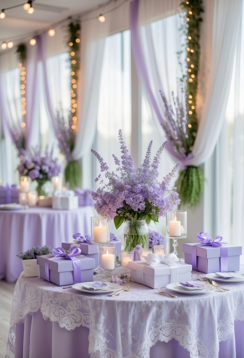 A wedding shower setup with tables covered in lace cloths, lavender flower centerpieces, candles, gift boxes, and soft natural lighting.