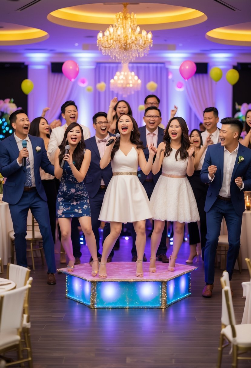 Couples having fun performing a lip sync battle at a lively wedding shower with guests cheering around them.