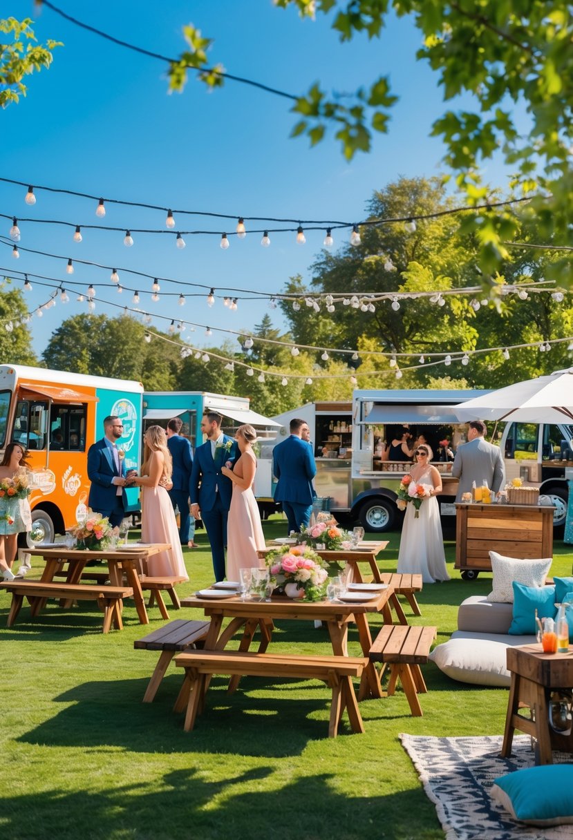 Couples and guests enjoying a decorated outdoor wedding shower near colorful food trucks with tables, flowers, and string lights under a clear sky.