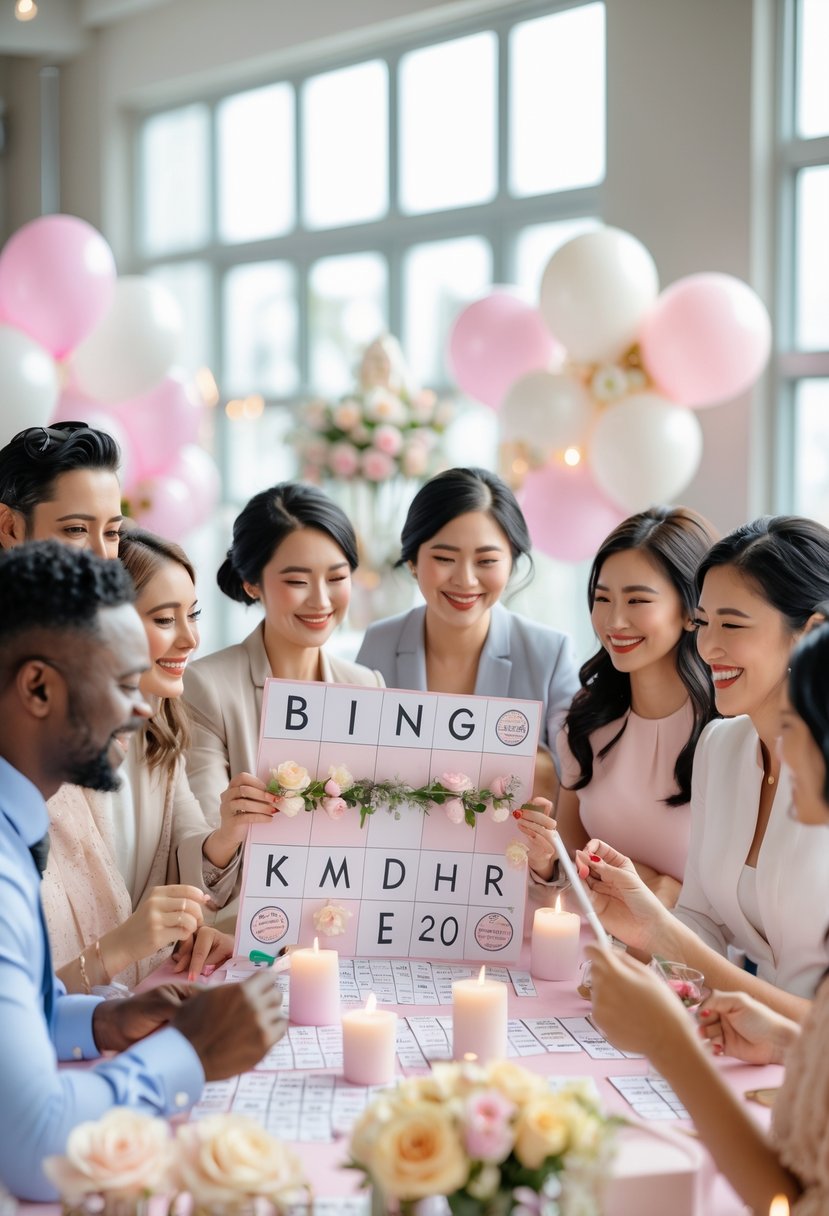 A group of people happily playing a wedding shower bingo game around a decorated table indoors.