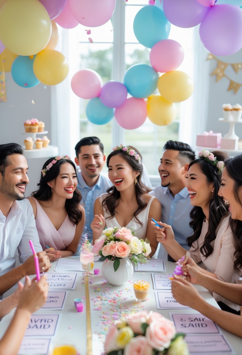 Couples happily playing a game together at a decorated wedding shower table.