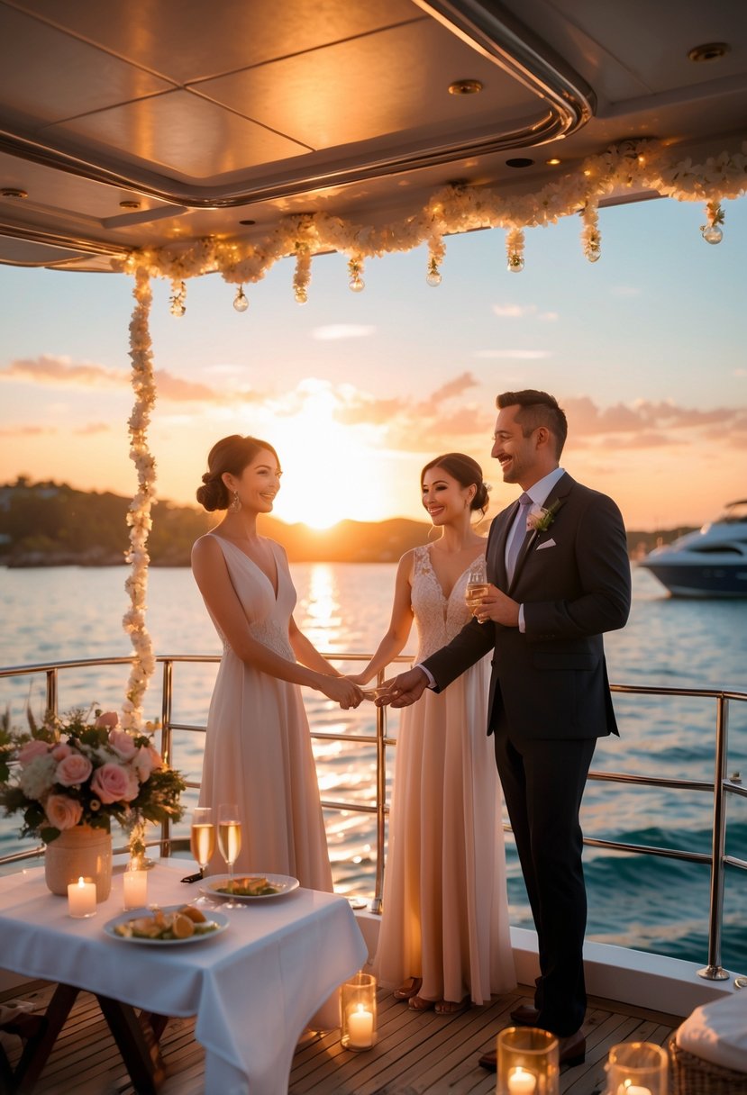 A couple enjoying a romantic sunset on a decorated yacht deck during a wedding shower celebration.