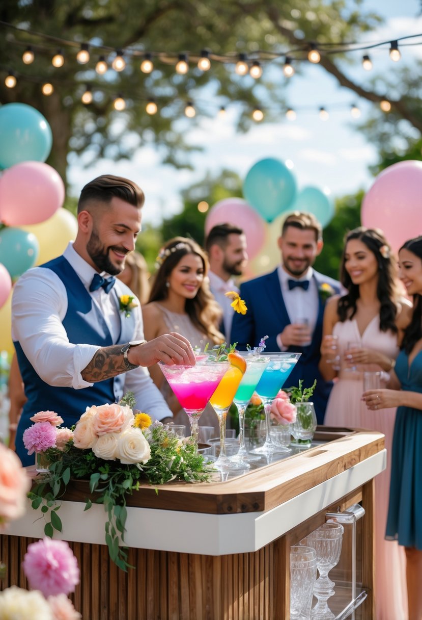 Couples enjoying a wedding shower with a bartender mixing colorful cocktails at an outdoor decorated bar.