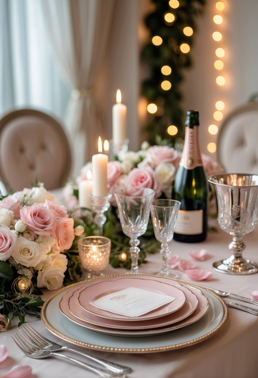 A romantic dinner table set for two with flowers, candles, and elegant tableware in a softly lit indoor space.