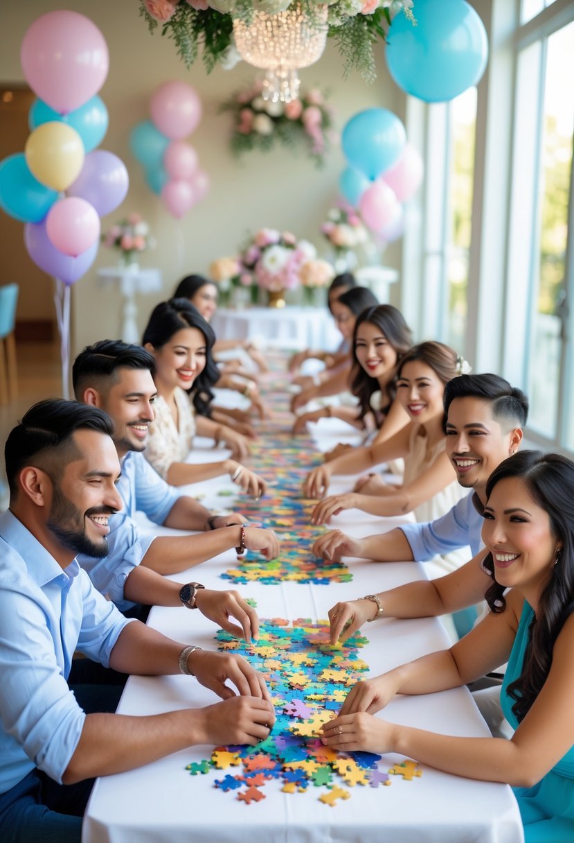 Couples working together on jigsaw puzzles at a decorated table during a wedding shower.