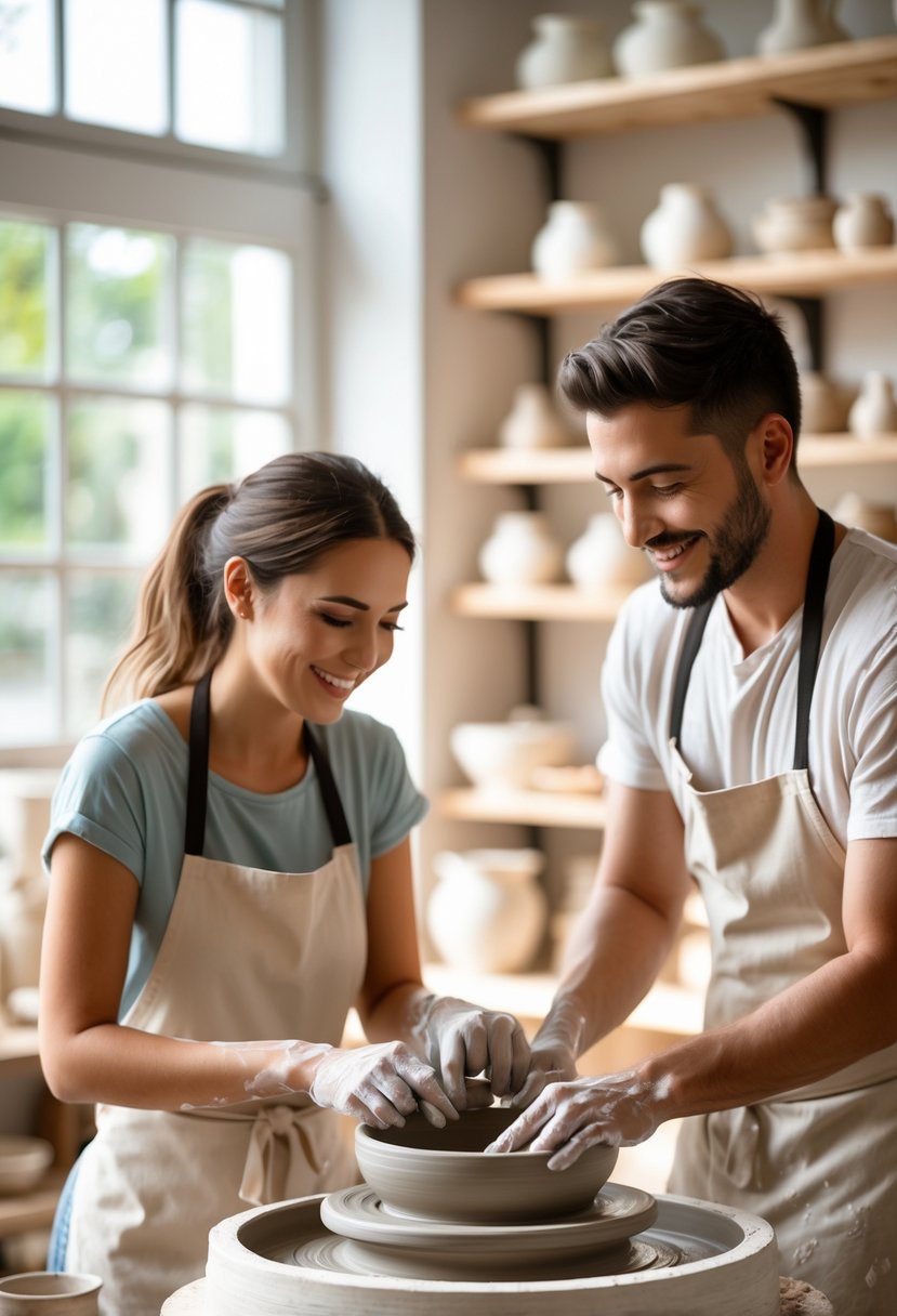 A young couple making pottery together at a pottery wheel in a bright studio.