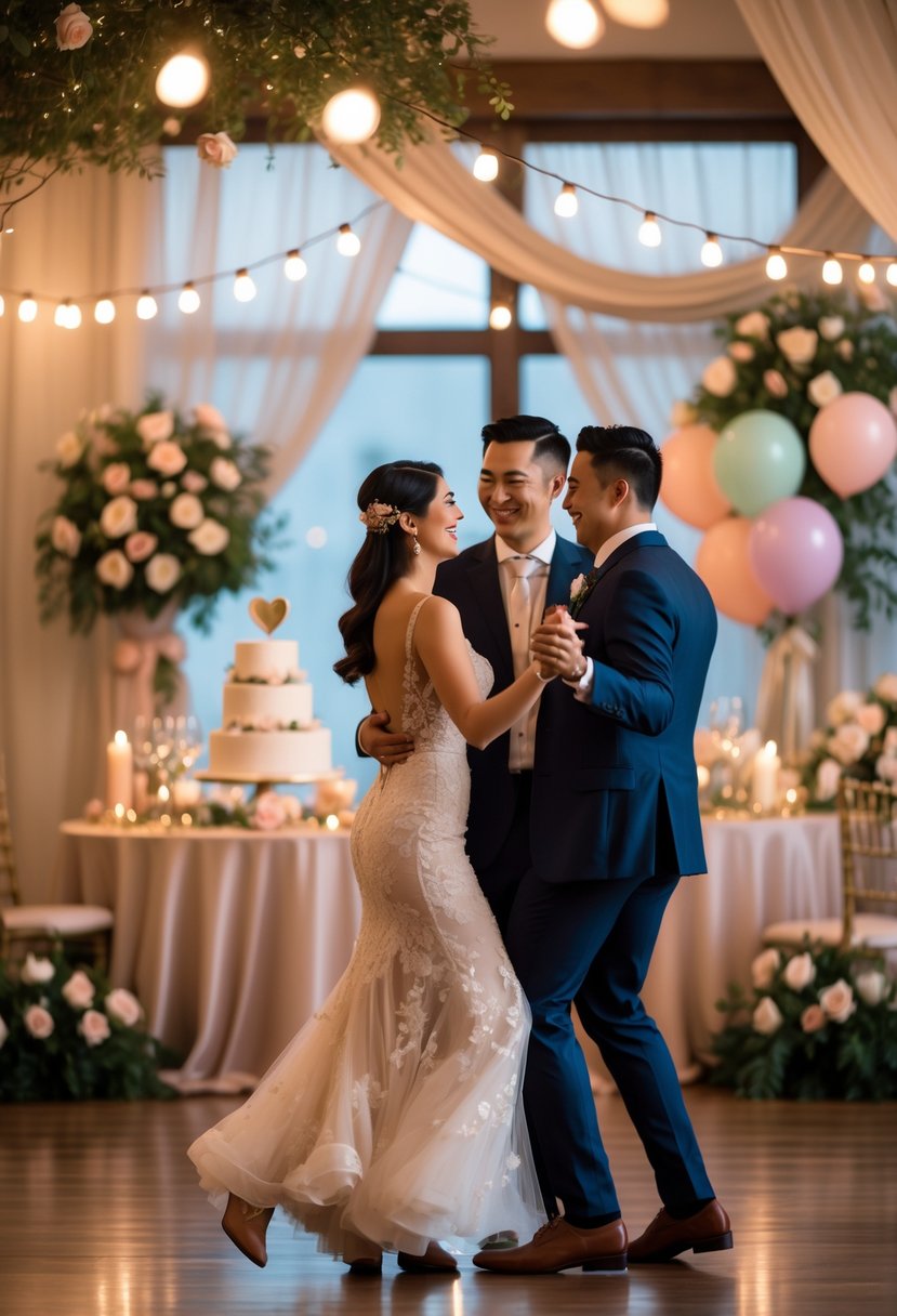 Couples dancing closely together in a warmly lit room decorated for a romantic wedding shower with flowers and candles.