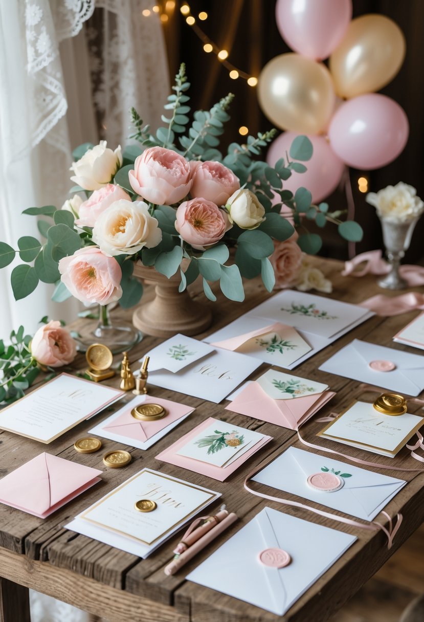 A table set up with handmade cards, flowers, pens, and wedding decorations for a romantic wedding shower.