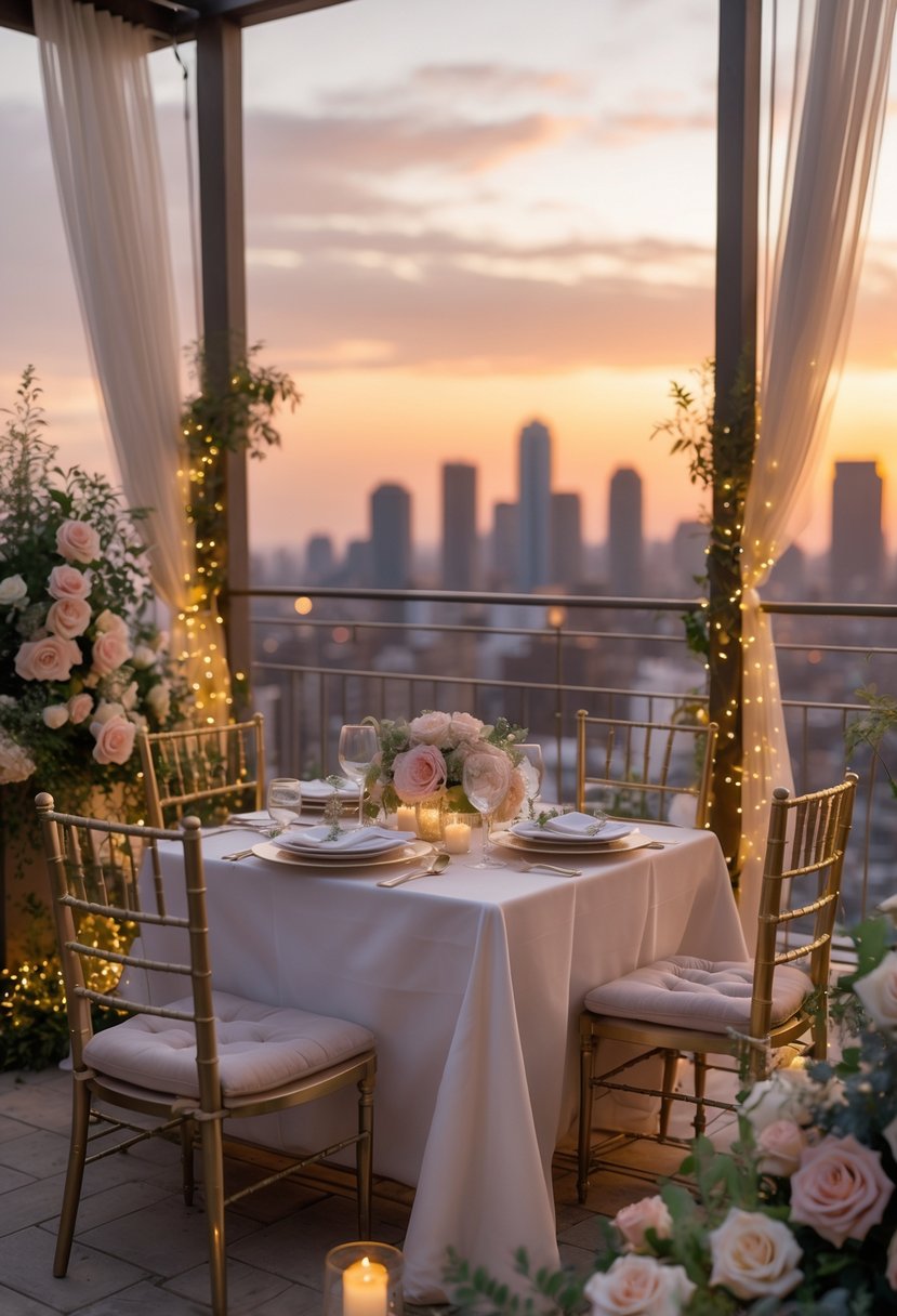 An intimate rooftop dinner setup for two with flowers, candles, and city skyline at sunset.