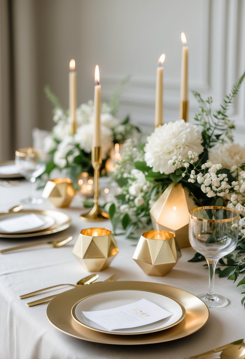 A wedding shower table decorated with gold geometric accents, white flowers, and elegant glassware.