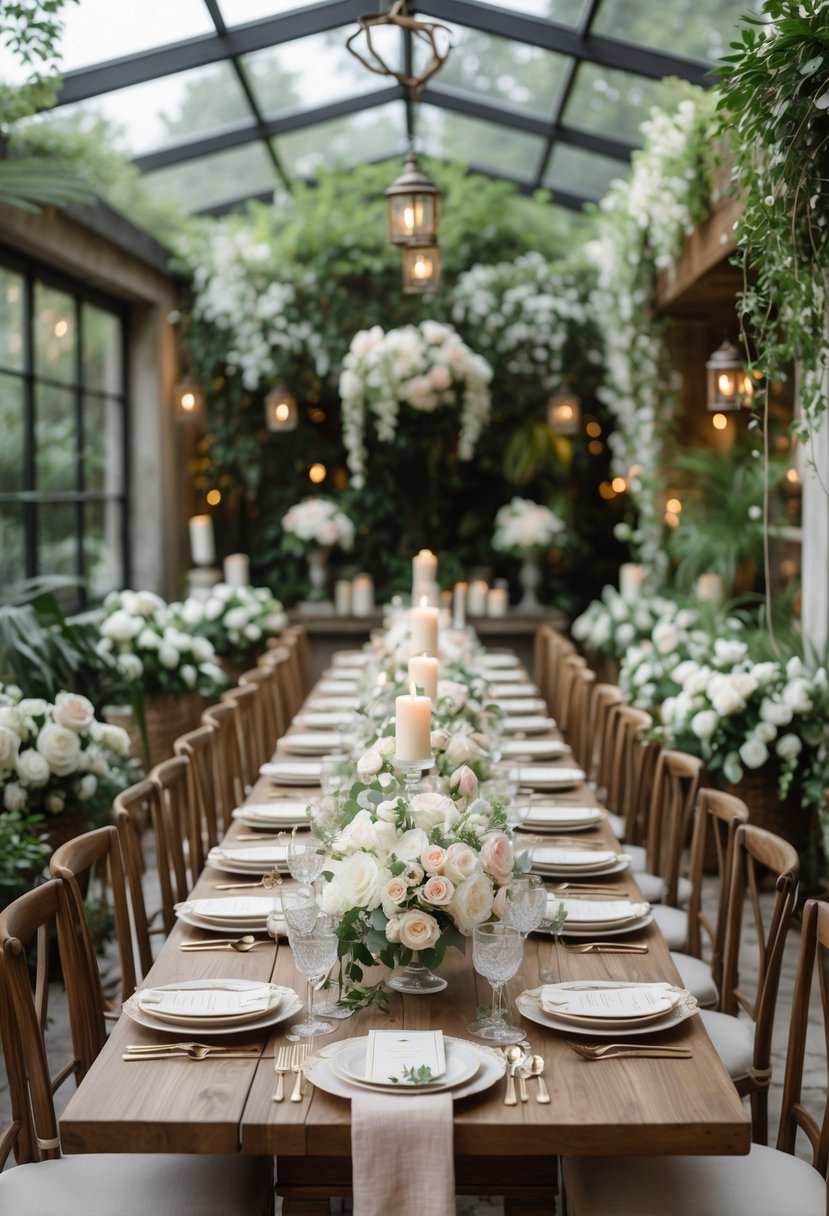An indoor garden setting with a long table decorated with flowers, greenery, candles, and tableware, ready for a wedding shower luncheon.