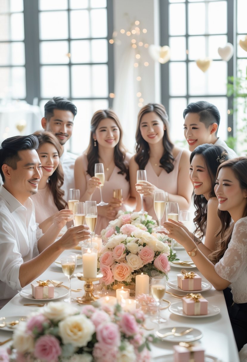 A group of couples and friends gathered around a decorated table celebrating a wedding shower indoors.
