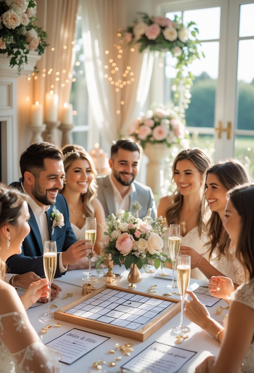 Couples and friends gathered around a table playing a personalized trivia game at a wedding shower, smiling and enjoying the celebration.