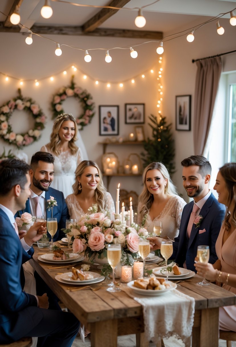 A small group of couples and friends gathered around a decorated table with flowers, candles, and food, celebrating a wedding shower indoors.