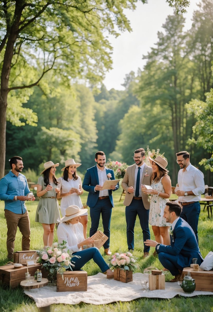 Couples enjoying an outdoor wedding shower scavenger hunt in a sunlit forest clearing, surrounded by trees and picnic decorations.