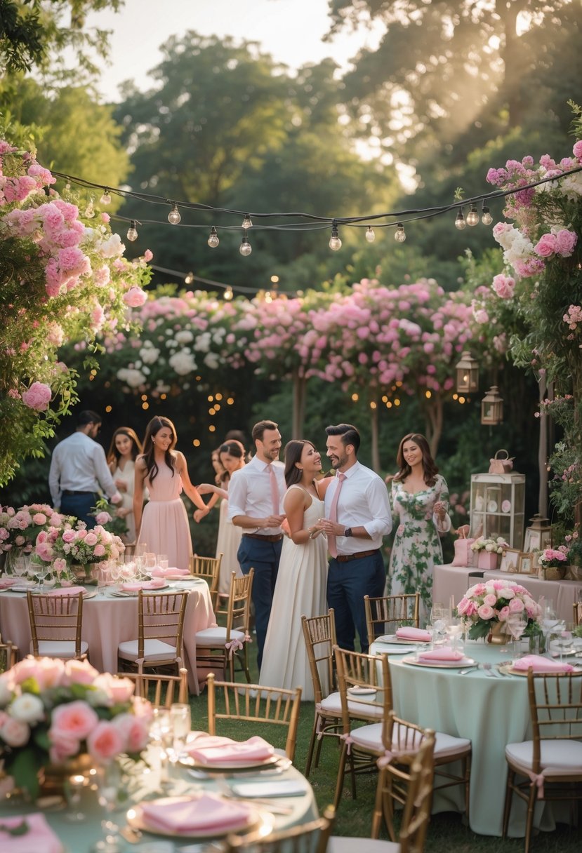 Couples and guests enjoying a romantic garden party surrounded by lush flowers and decorated tables outdoors.