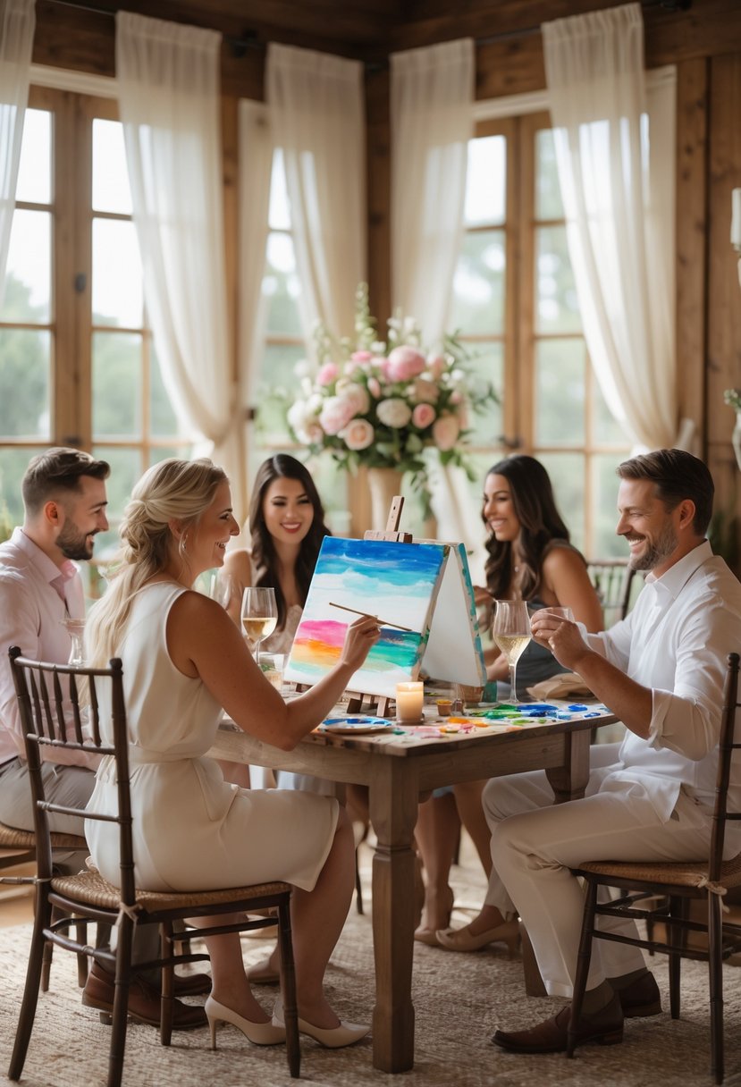 Couples painting and enjoying wine together around a decorated table during a wedding shower.