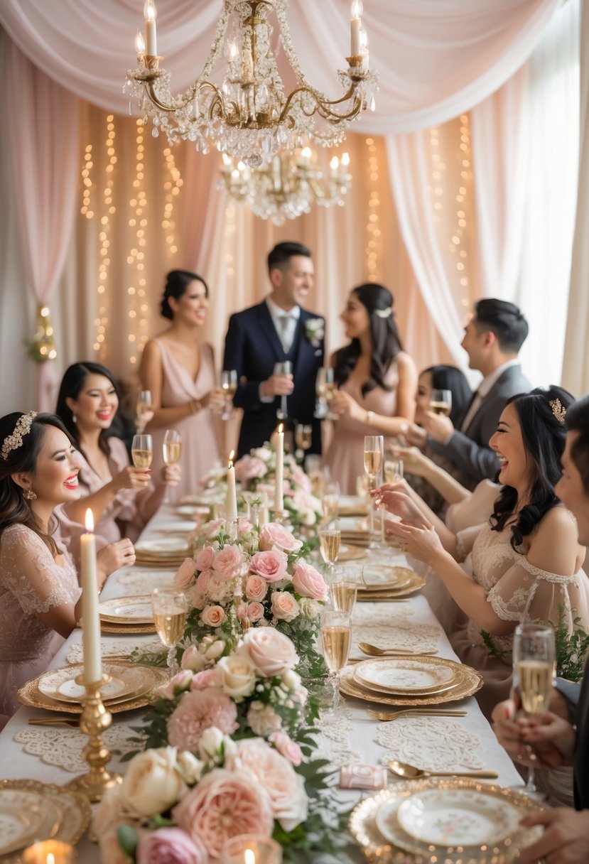 A decorated indoor wedding shower with couples and guests enjoying themselves around a table with flowers, candles, and elegant decorations.